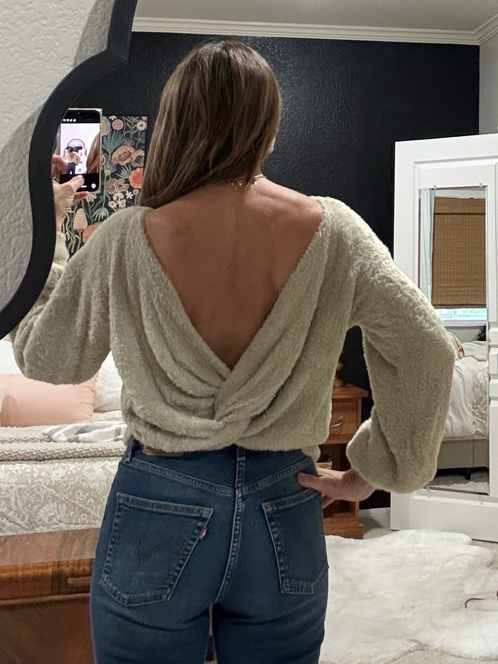 Cozy Women's Fuzzy Crewneck Sweater with open back - Cream